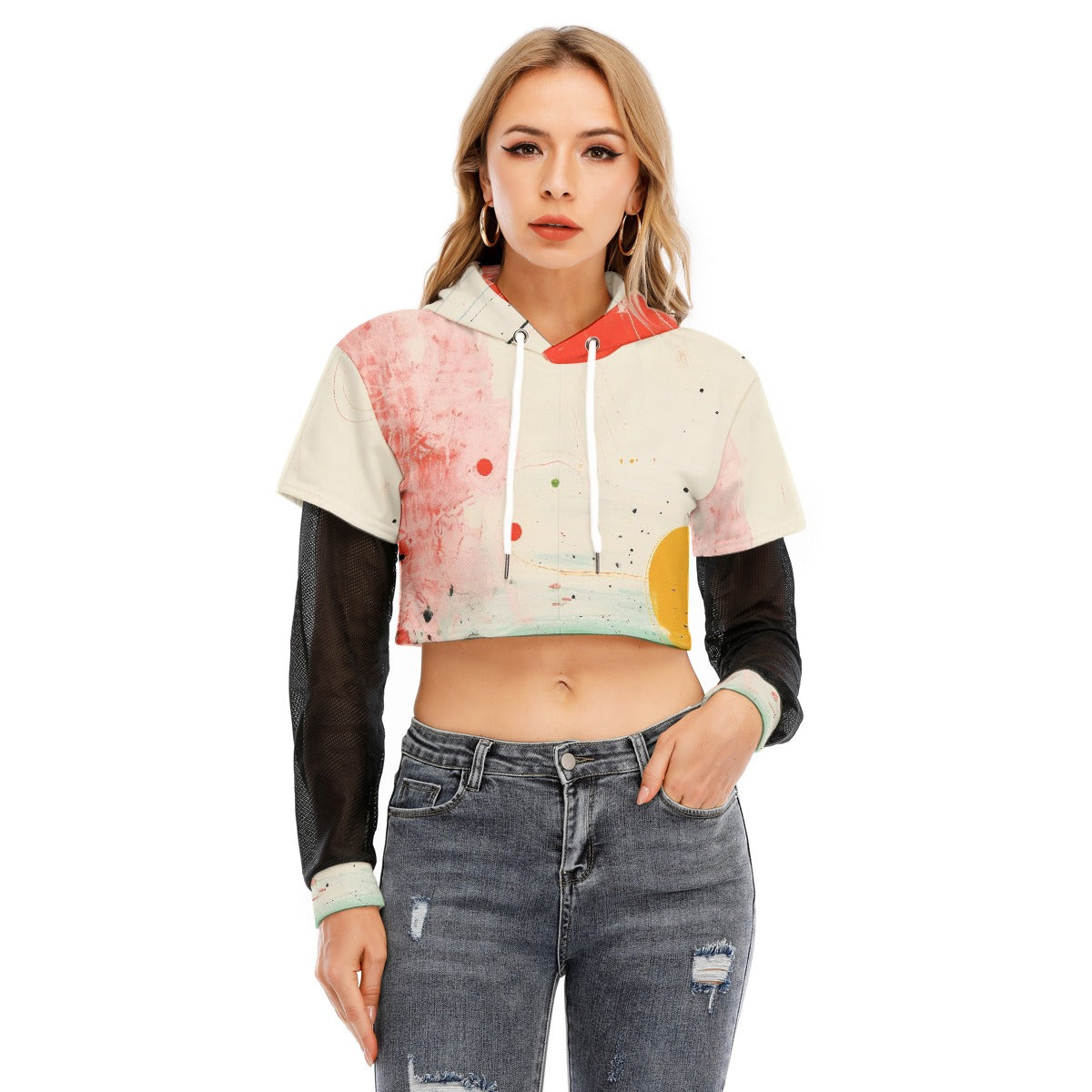 All-Over Print Women's Fake Two-piece Mesh Sleeve Cropped Hoodie