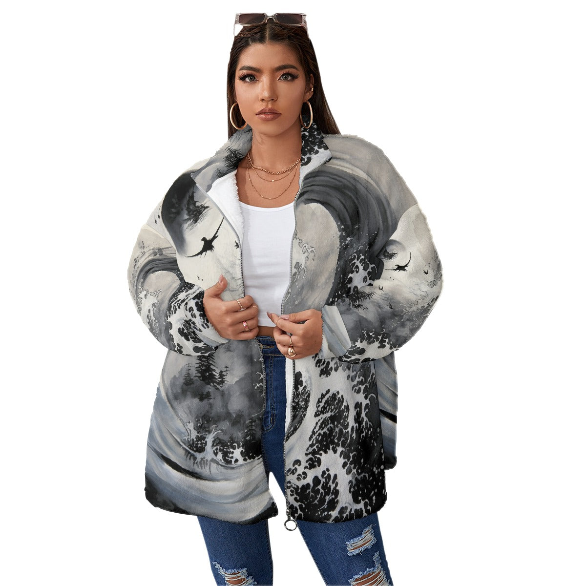 All-Over Print Unisex Borg Fleece Stand-up Collar Coat With Zipper Closure(Plus Size)