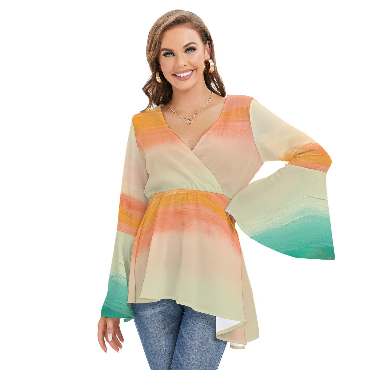 All-Over Print Women's V-neck Blouse With Flared Sleeves
