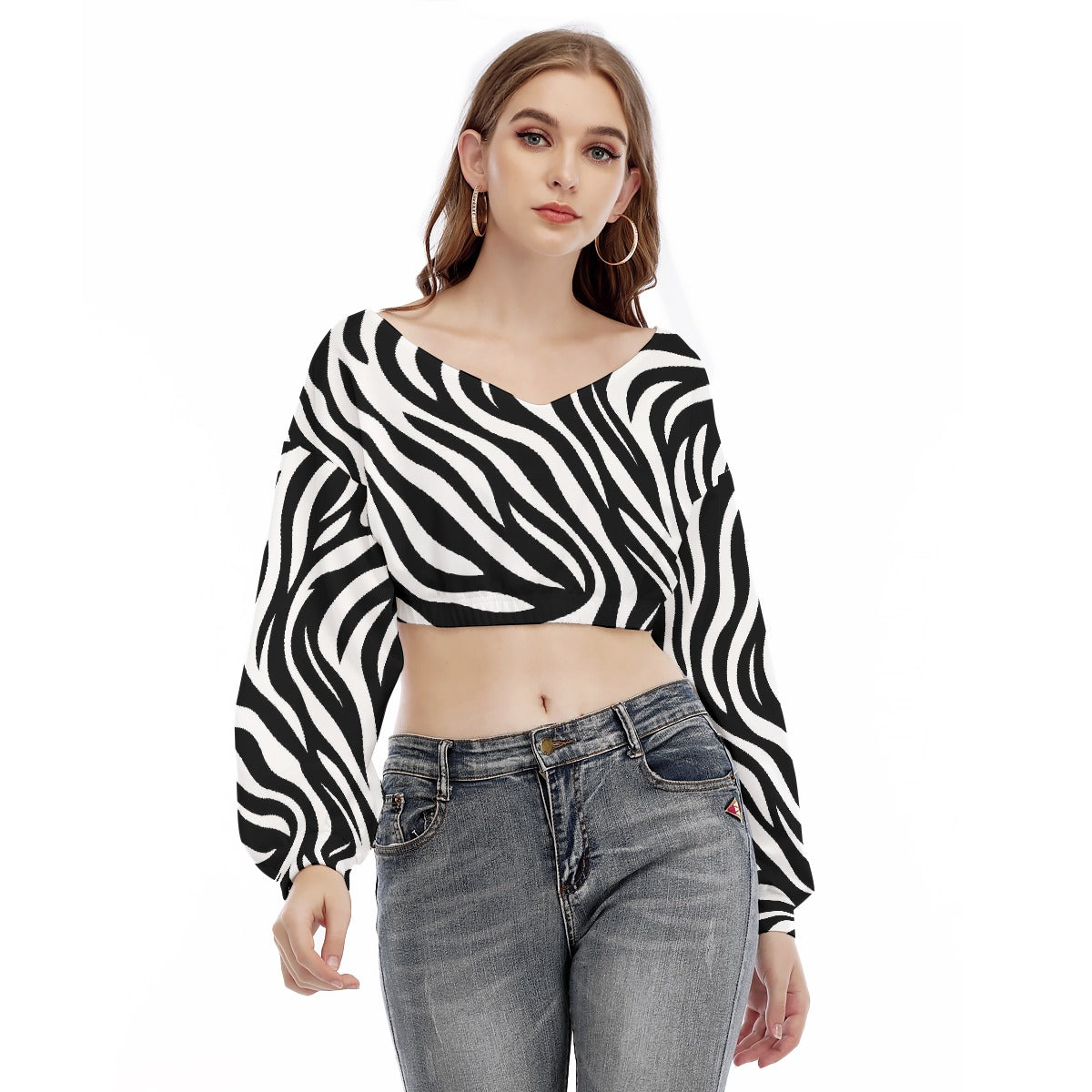All-Over Print Women's V-neck Long Sleeve Cropped Sweatshirt