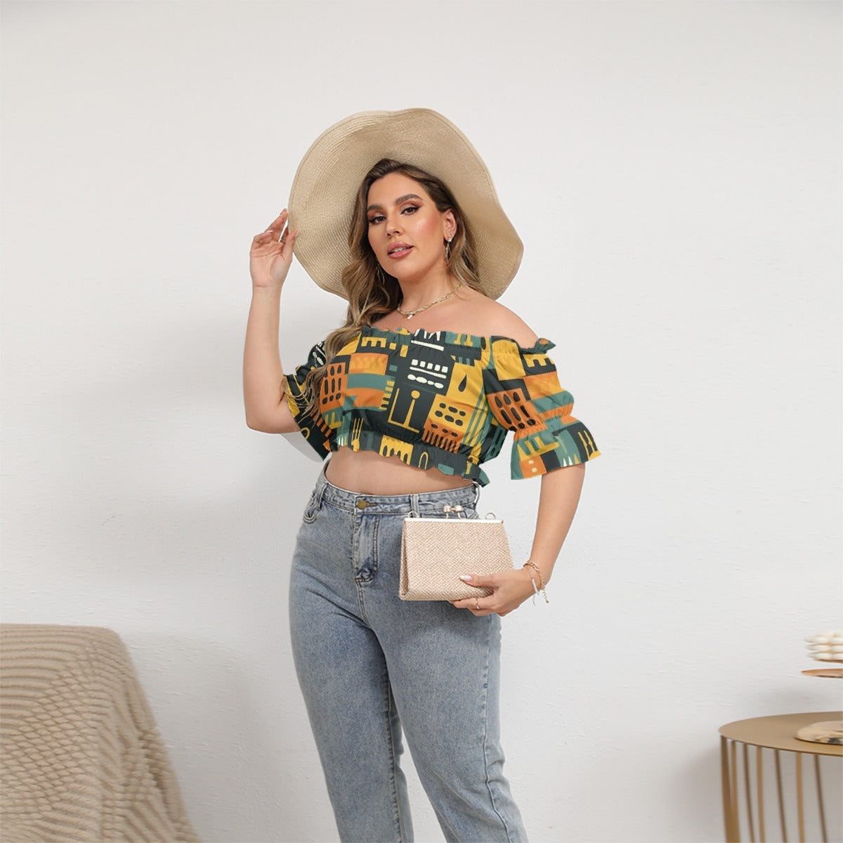 All-Over Print Women's Off-shoulder Cropped Top With Short Puff Sleeve