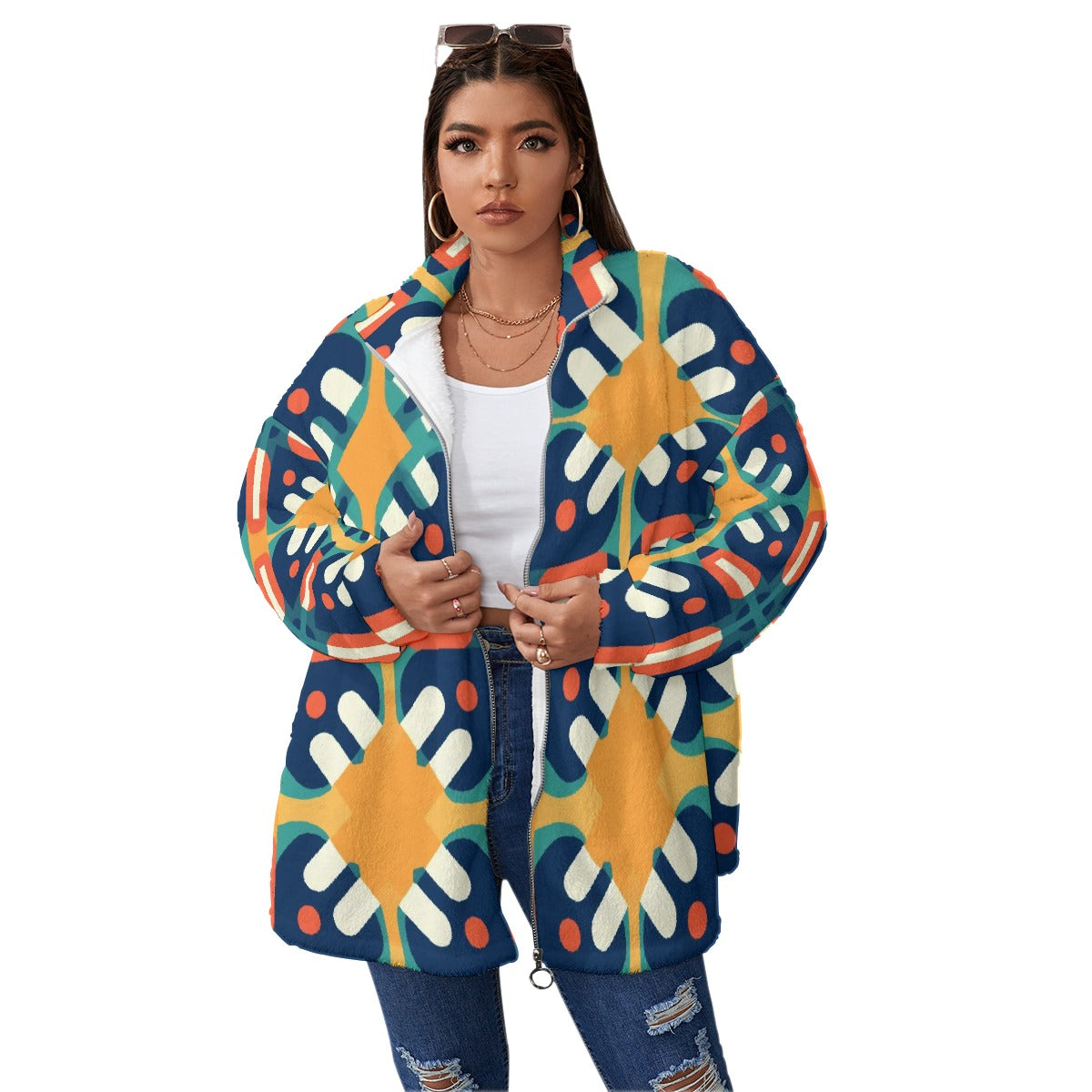 All-Over Print Unisex Borg Fleece Stand-up Collar Coat With Zipper Closure(Plus Size)