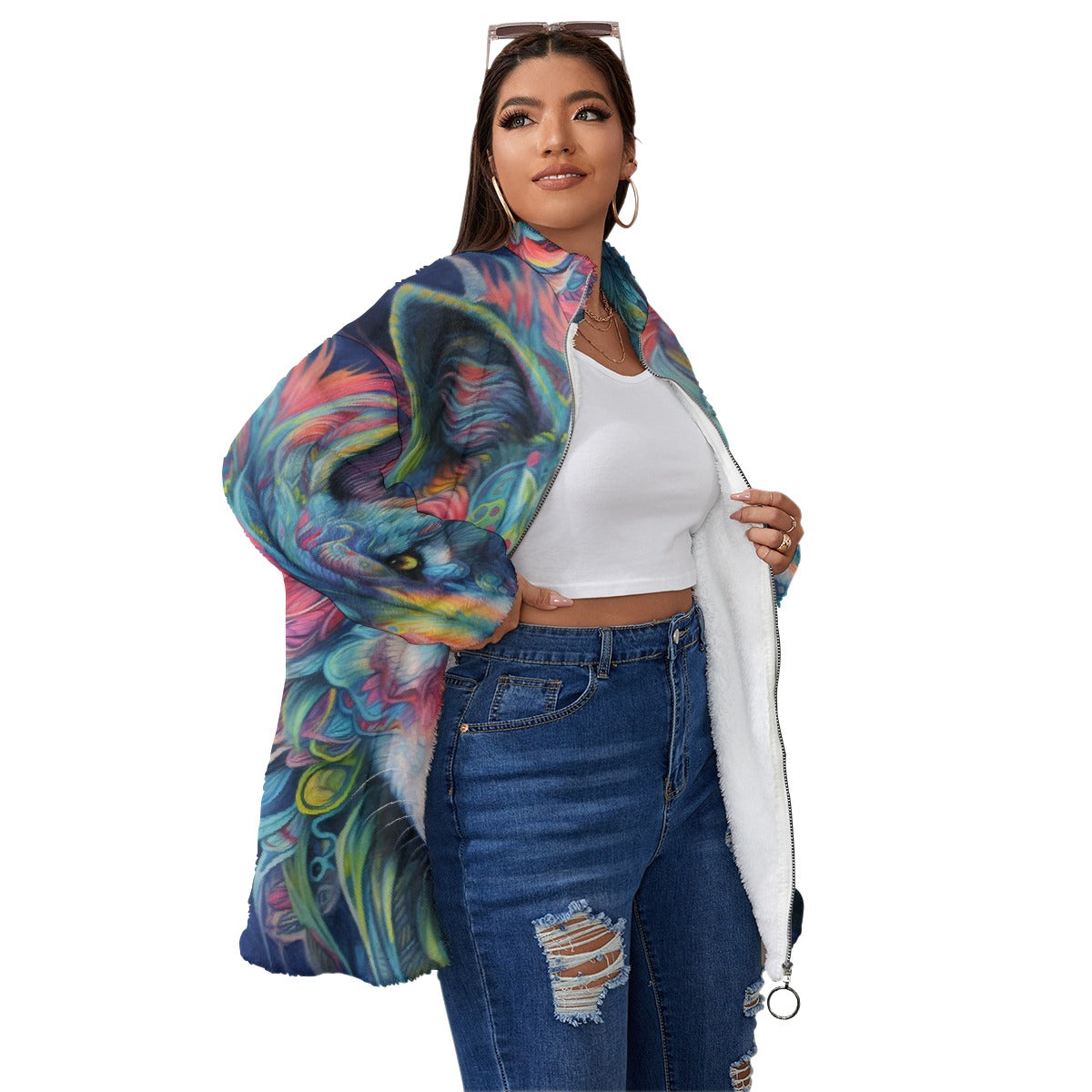 All-Over Print Unisex Borg Fleece Stand-up Collar Coat With Zipper Closure(Plus Size)