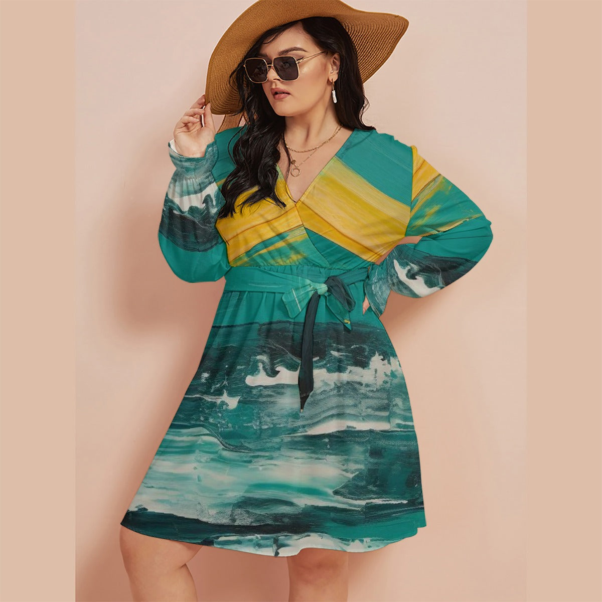 All-Over Print Women's V-neck Dress With Waistband(Plus Size)