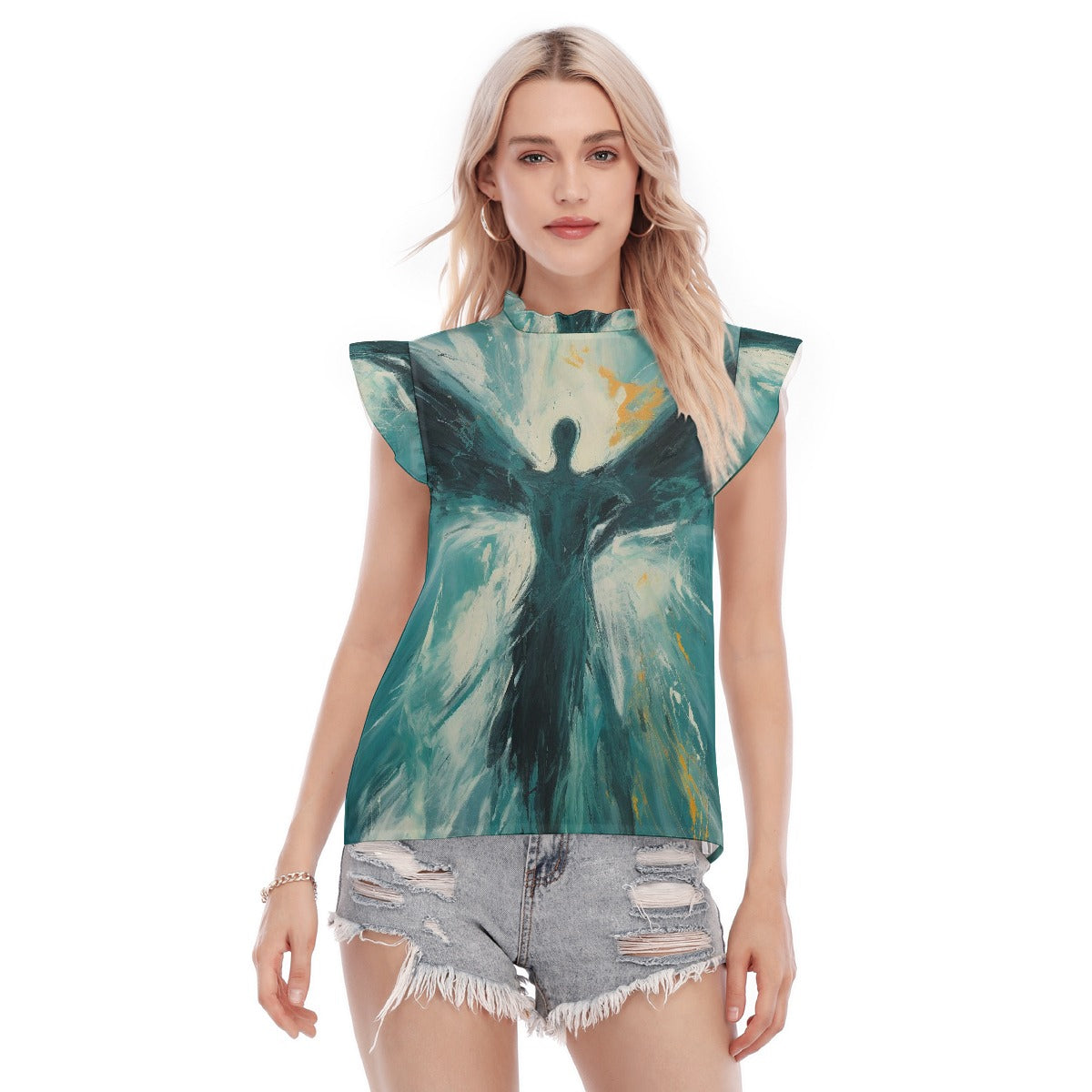 All-Over Print Women's Blouse With Ruffle Collar And Sleeve