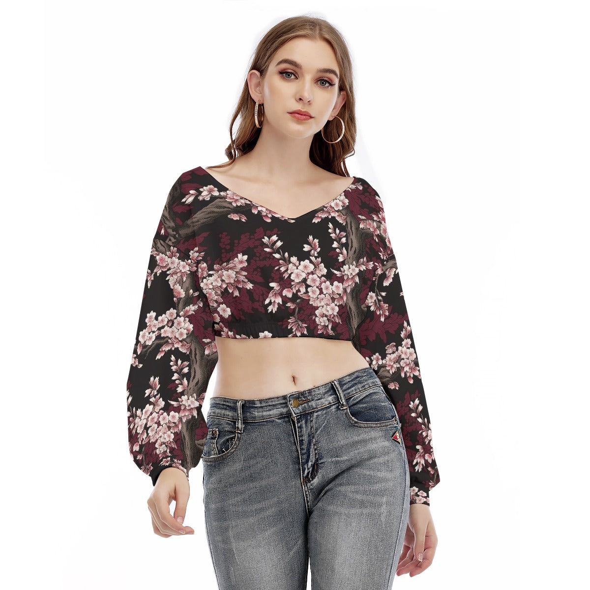 All-Over Print Women's V-neck Long Sleeve Cropped Sweatshirt