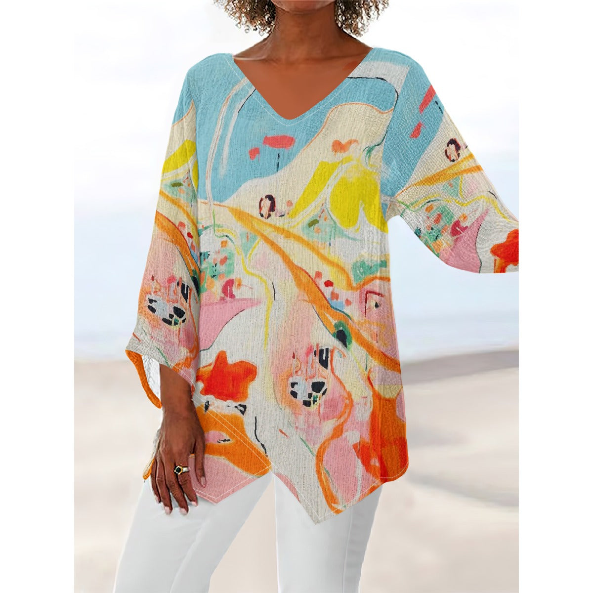 All-Over Print Women's V-neck T-shirt With Irregular Hem