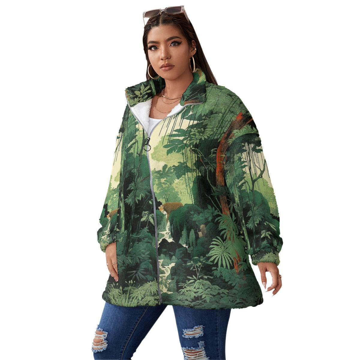All-Over Print Unisex Borg Fleece Stand-up Collar Coat With Zipper Closure(Plus Size)