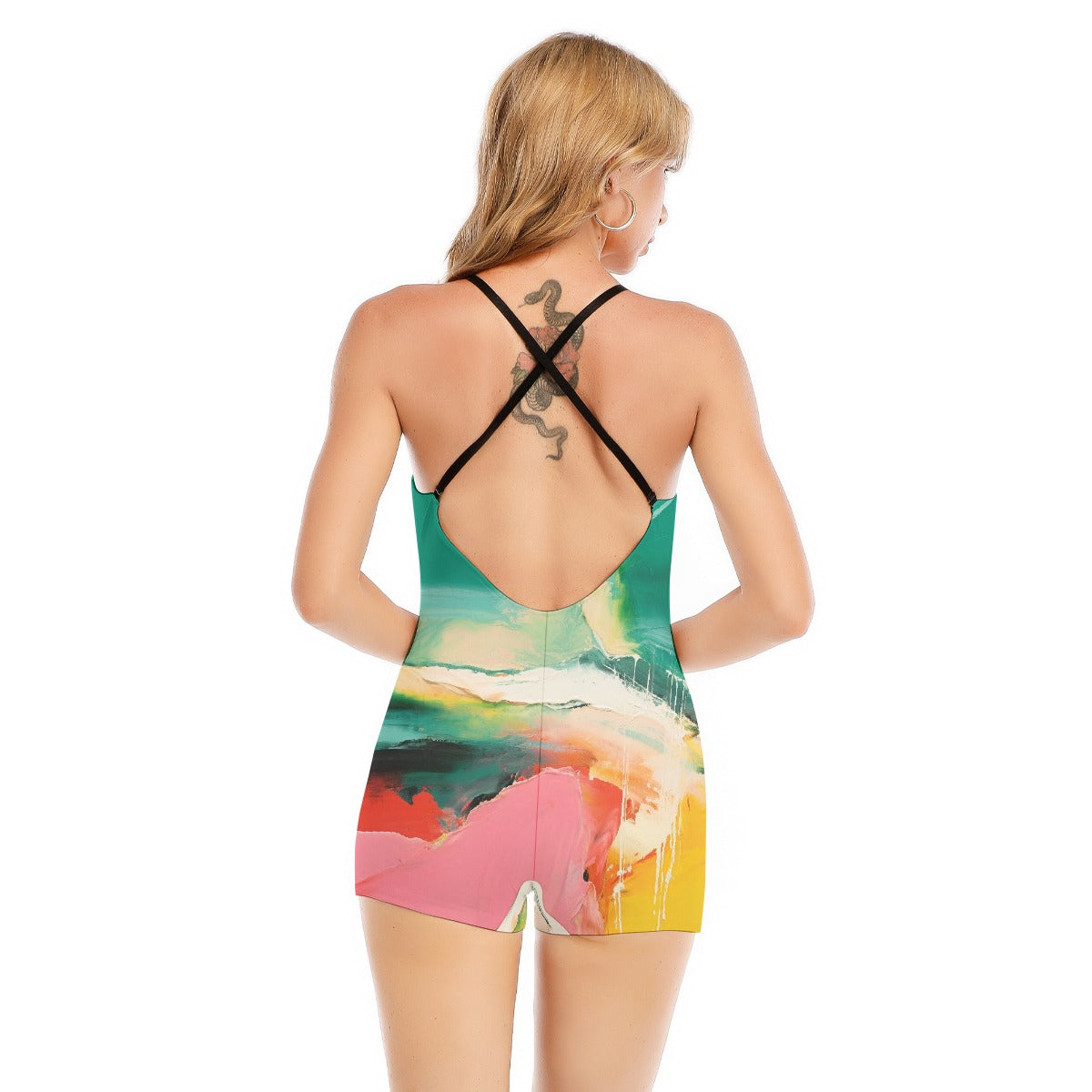 All-Over Print Women's Backless Romper With Black Straps