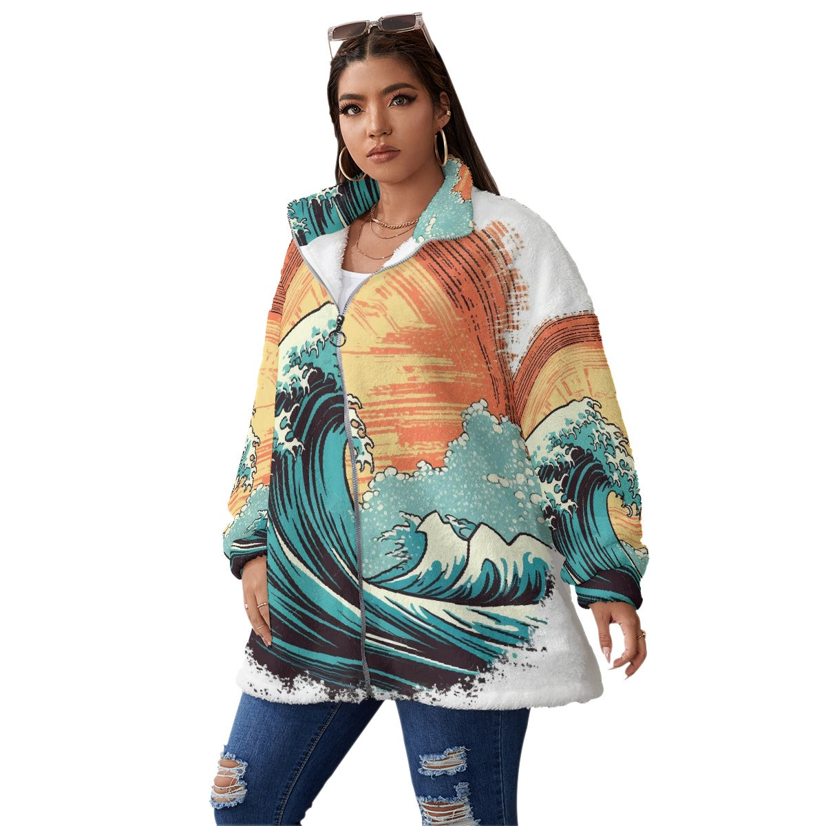 All-Over Print Unisex Borg Fleece Stand-up Collar Coat With Zipper Closure(Plus Size)