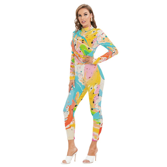 All-Over Print Women's Long-sleeved High-neck Jumpsuit With Zipper
