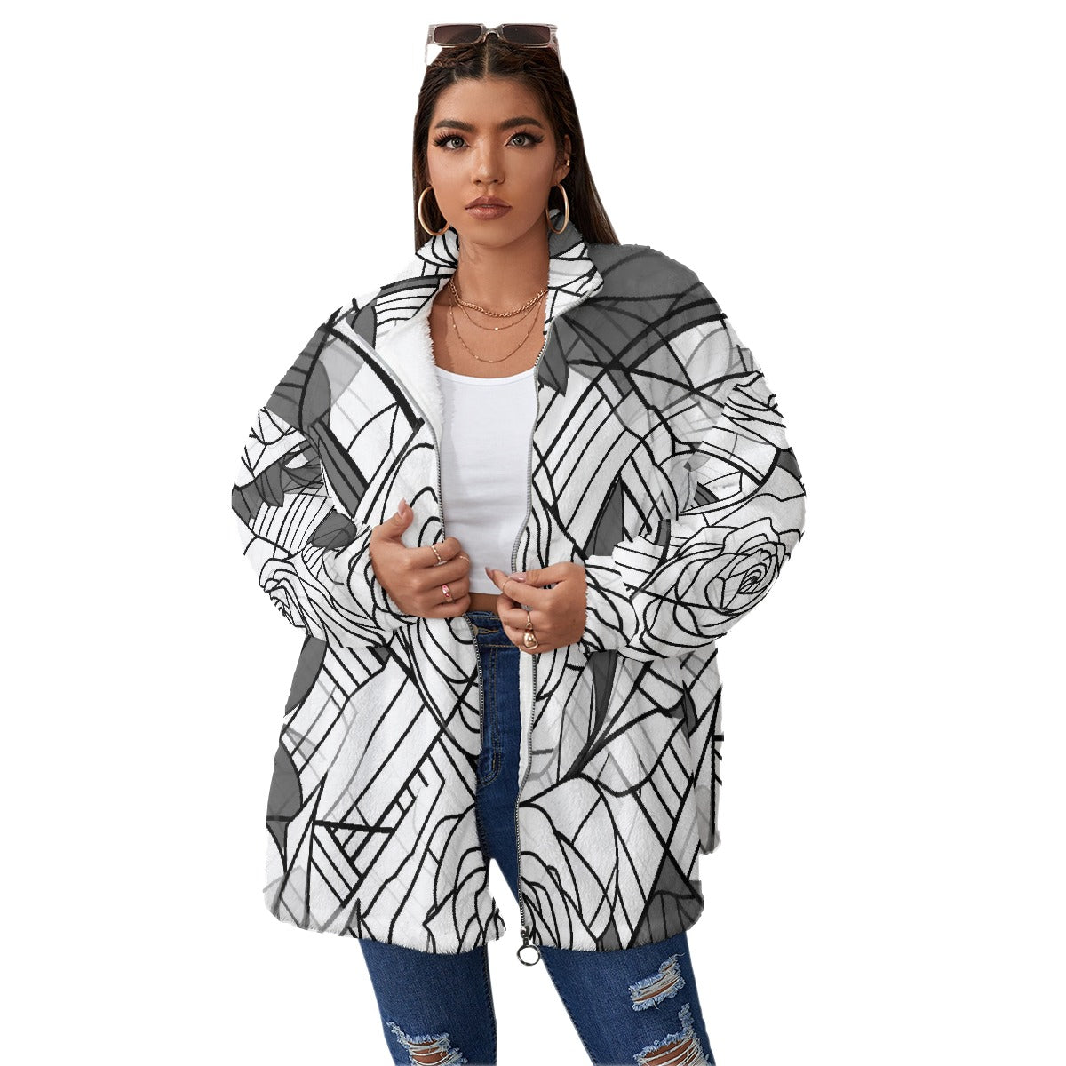 All-Over Print Unisex Borg Fleece Stand-up Collar Coat With Zipper Closure(Plus Size)