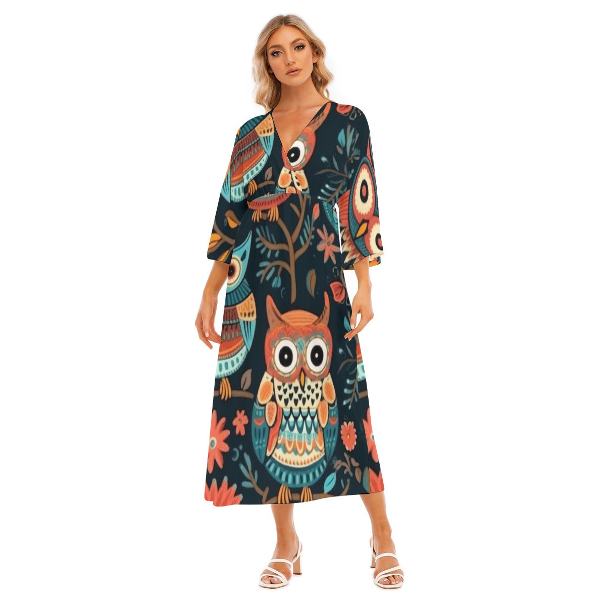 All-Over Print Women's Mid-Sleeve Long Dress