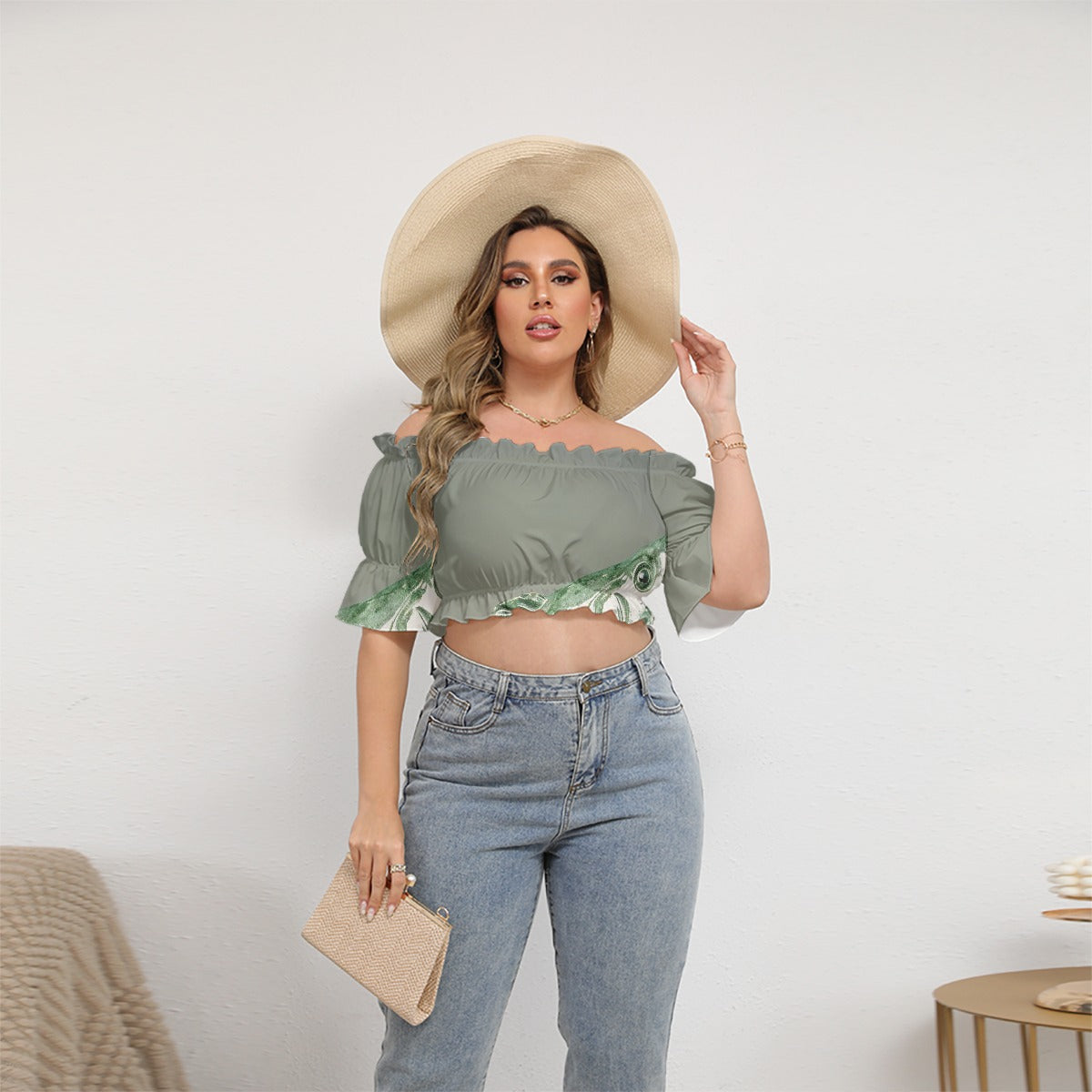 All-Over Print Women's Off-shoulder Cropped Top With Short Puff Sleeve