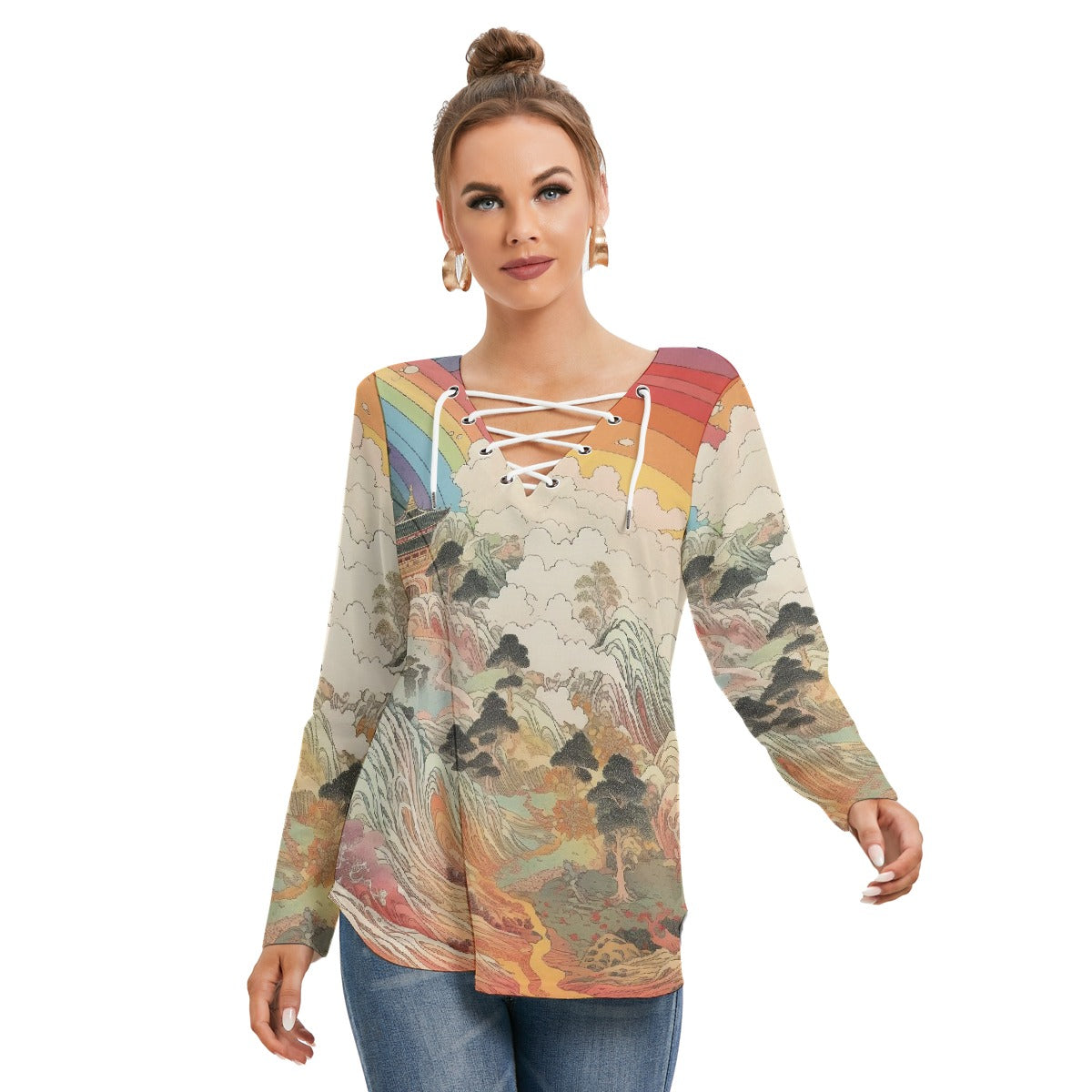 All-Over Print Women's Long Sleeve Neckline Tie Sweatshirt