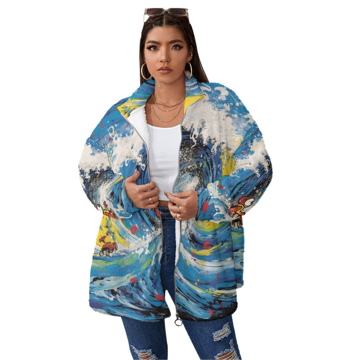 All-Over Print Unisex Borg Fleece Stand-up Collar Coat With Zipper Closure(Plus Size)
