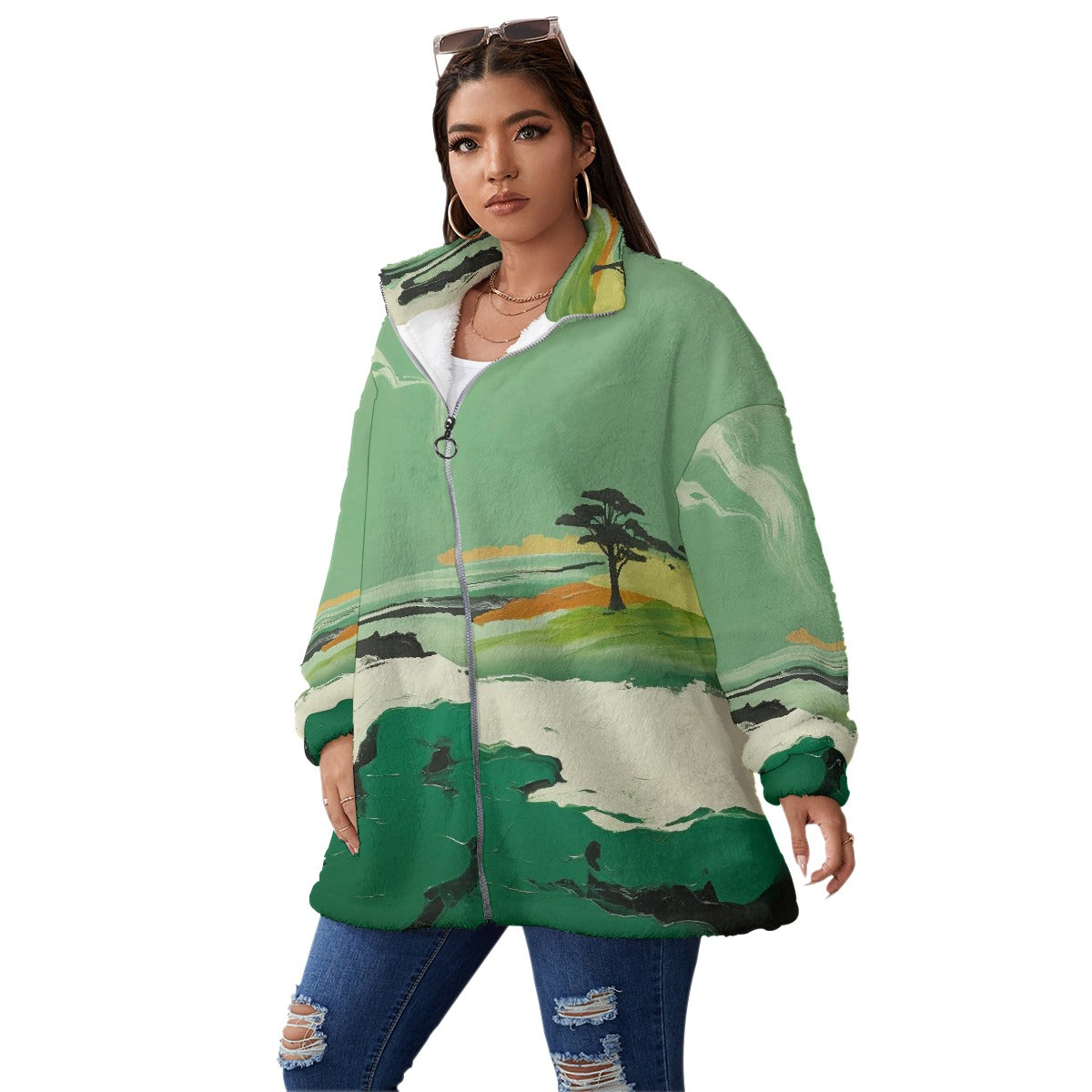 All-Over Print Unisex Borg Fleece Stand-up Collar Coat With Zipper Closure(Plus Size)