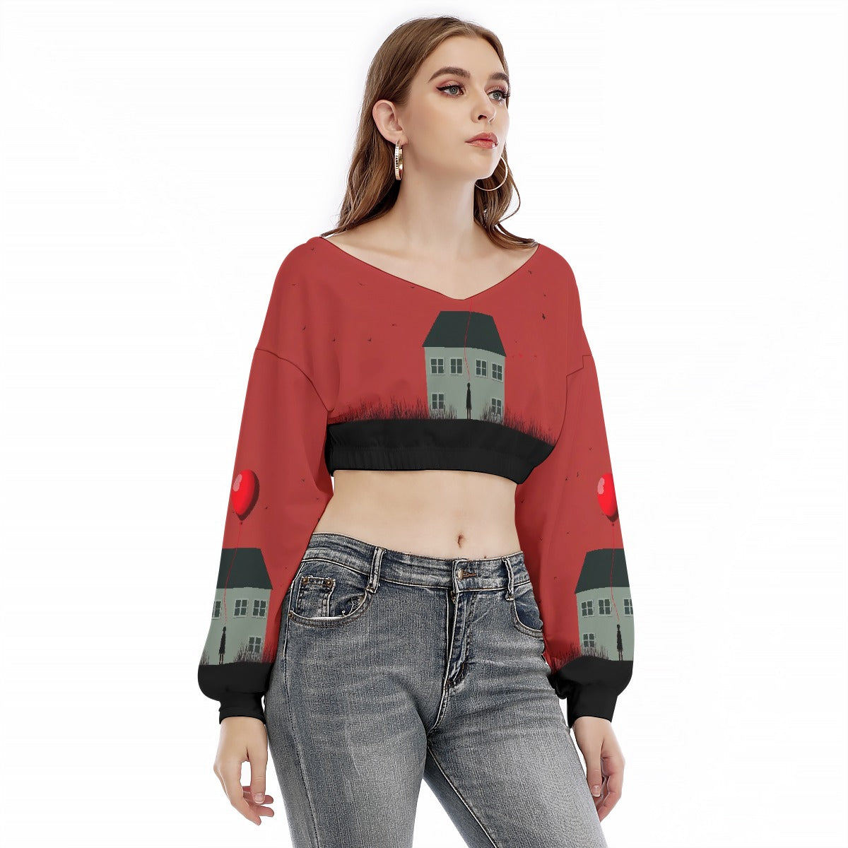 All-Over Print Women's V-neck Long Sleeve Cropped Sweatshirt