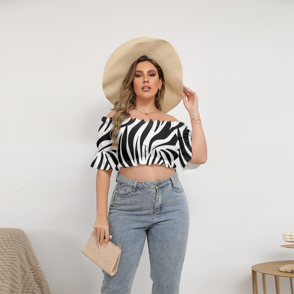 All-Over Print Women's Off-shoulder Cropped Top With Short Puff Sleeve
