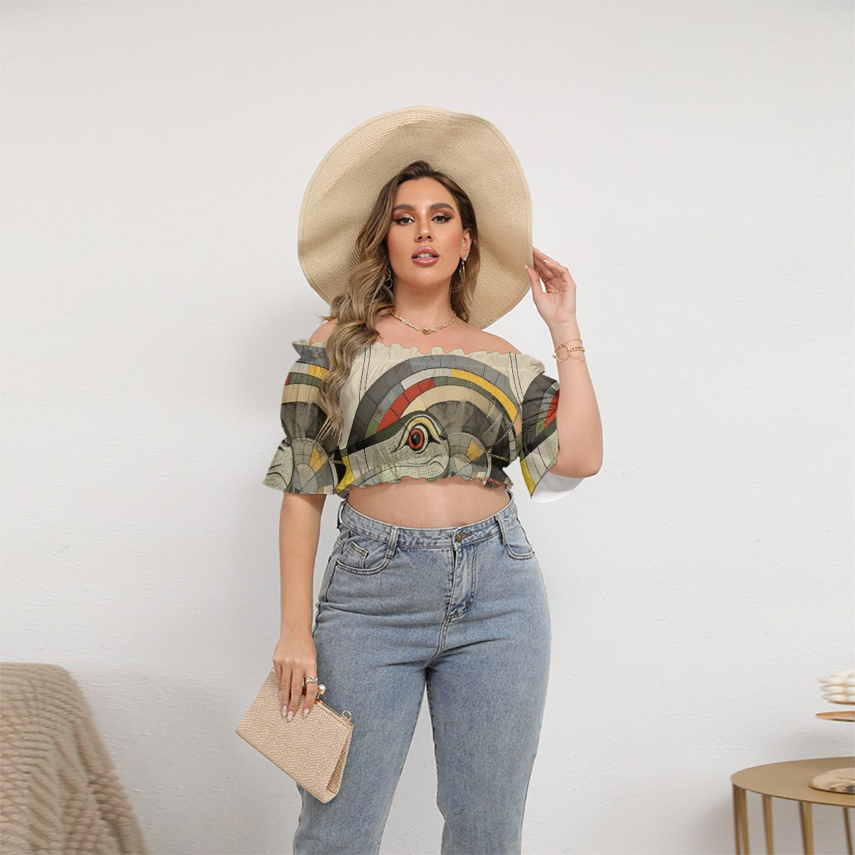 All-Over Print Women's Off-shoulder Cropped Top With Short Puff Sleeve