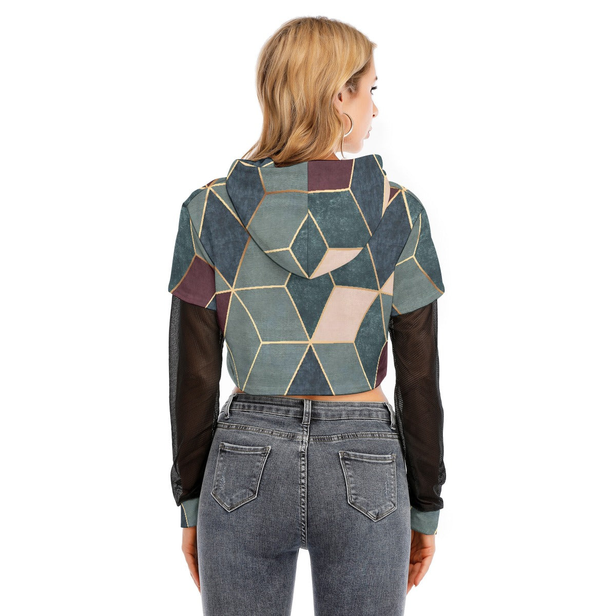 All-Over Print Women's Fake Two-piece Mesh Sleeve Cropped Hoodie