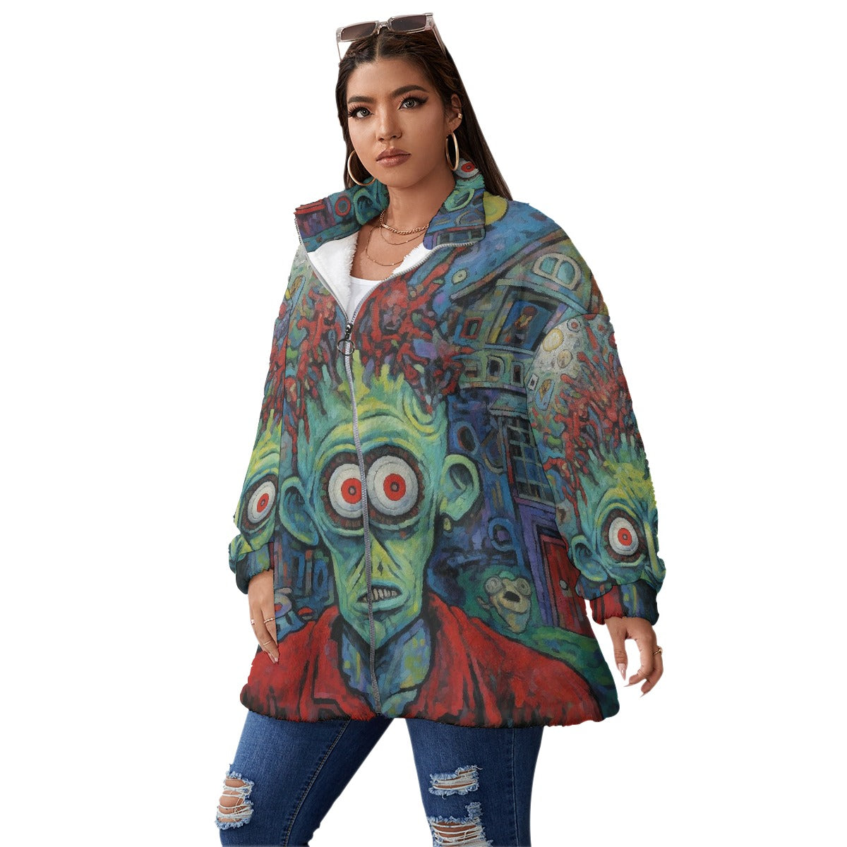 All-Over Print Unisex Borg Fleece Stand-up Collar Coat With Zipper Closure(Plus Size)