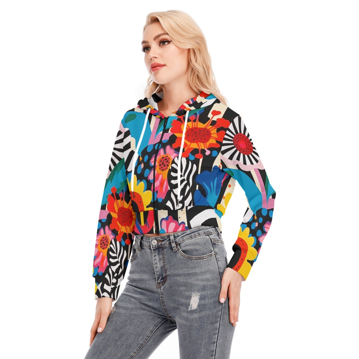 All-Over Print Women's Crop Top Hoodie With Zipper Closure