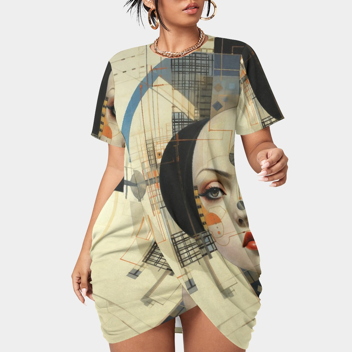 All-Over Print Women’s Stacked Hem Dress With Short Sleeve（Plus Size）