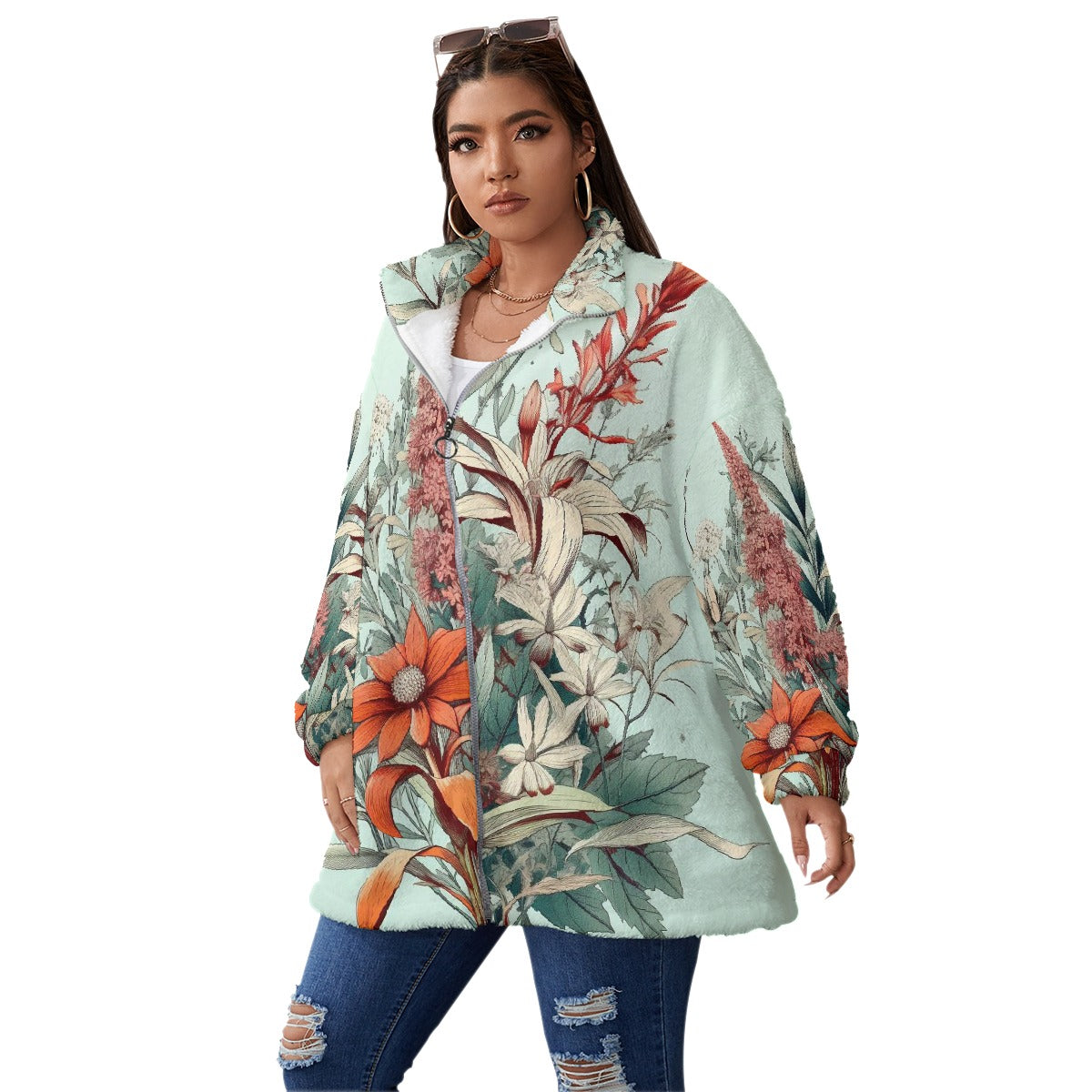 All-Over Print Unisex Borg Fleece Stand-up Collar Coat With Zipper Closure(Plus Size)