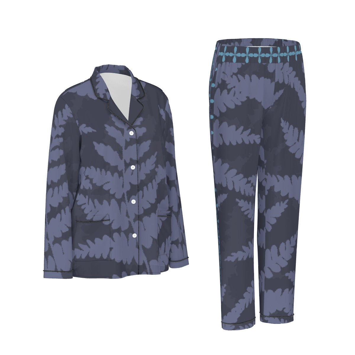 All-Over Print Women's Long Sleeve Pajama Set With Black Contrast Piping