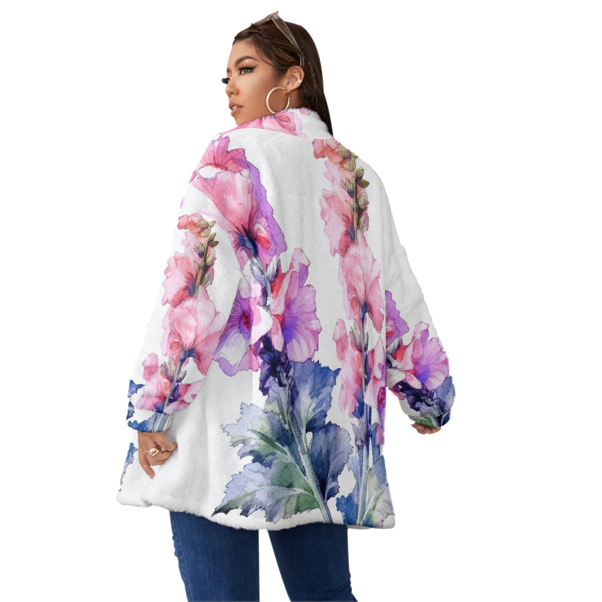 All-Over Print Unisex Borg Fleece Stand-up Collar Coat With Zipper Closure(Plus Size)