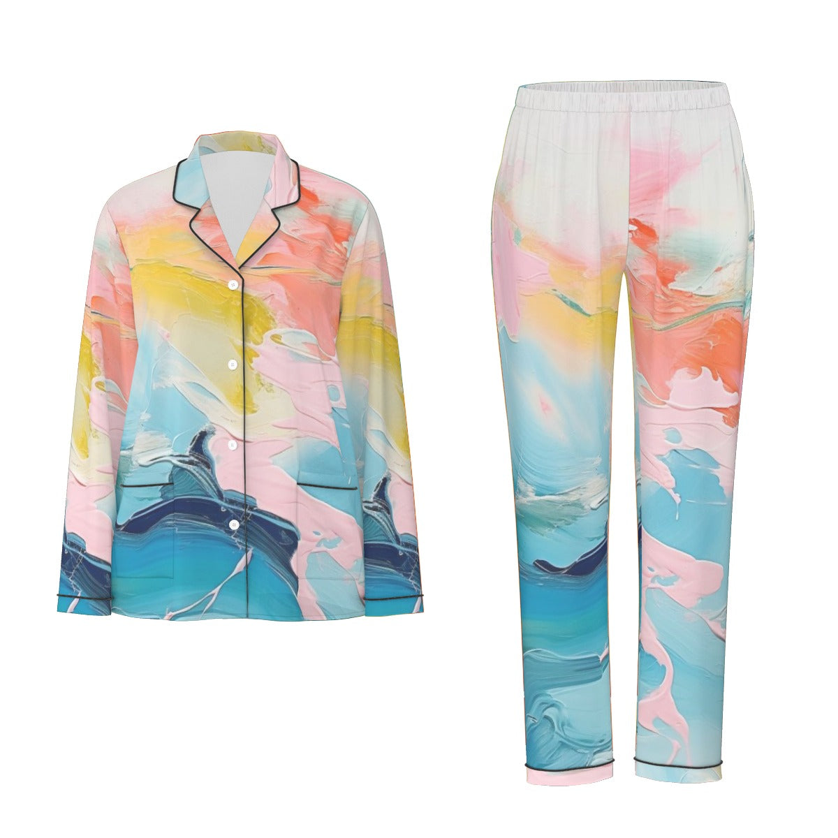 All-Over Print Women's Long Sleeve Pajama Set With Black Contrast Piping