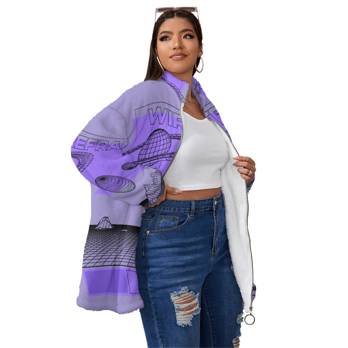 All-Over Print Unisex Borg Fleece Stand-up Collar Coat With Zipper Closure(Plus Size)