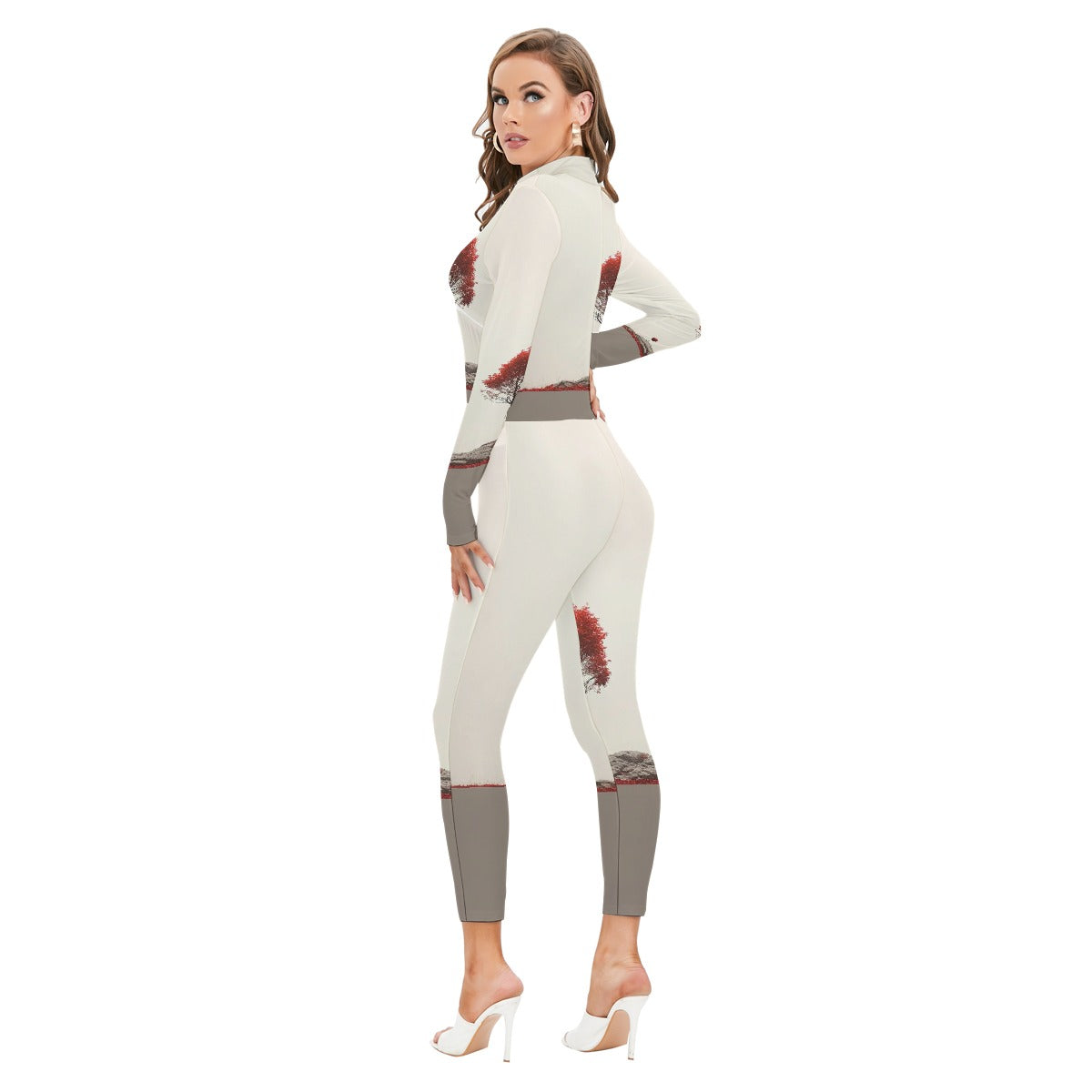 All-Over Print Women's Long-sleeved High-neck Jumpsuit With Zipper