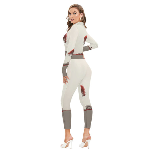 All-Over Print Women's Long-sleeved High-neck Jumpsuit With Zipper