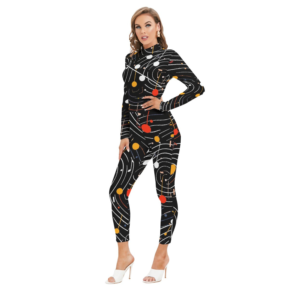 All-Over Print Women's Long-sleeved High-neck Jumpsuit With Zipper