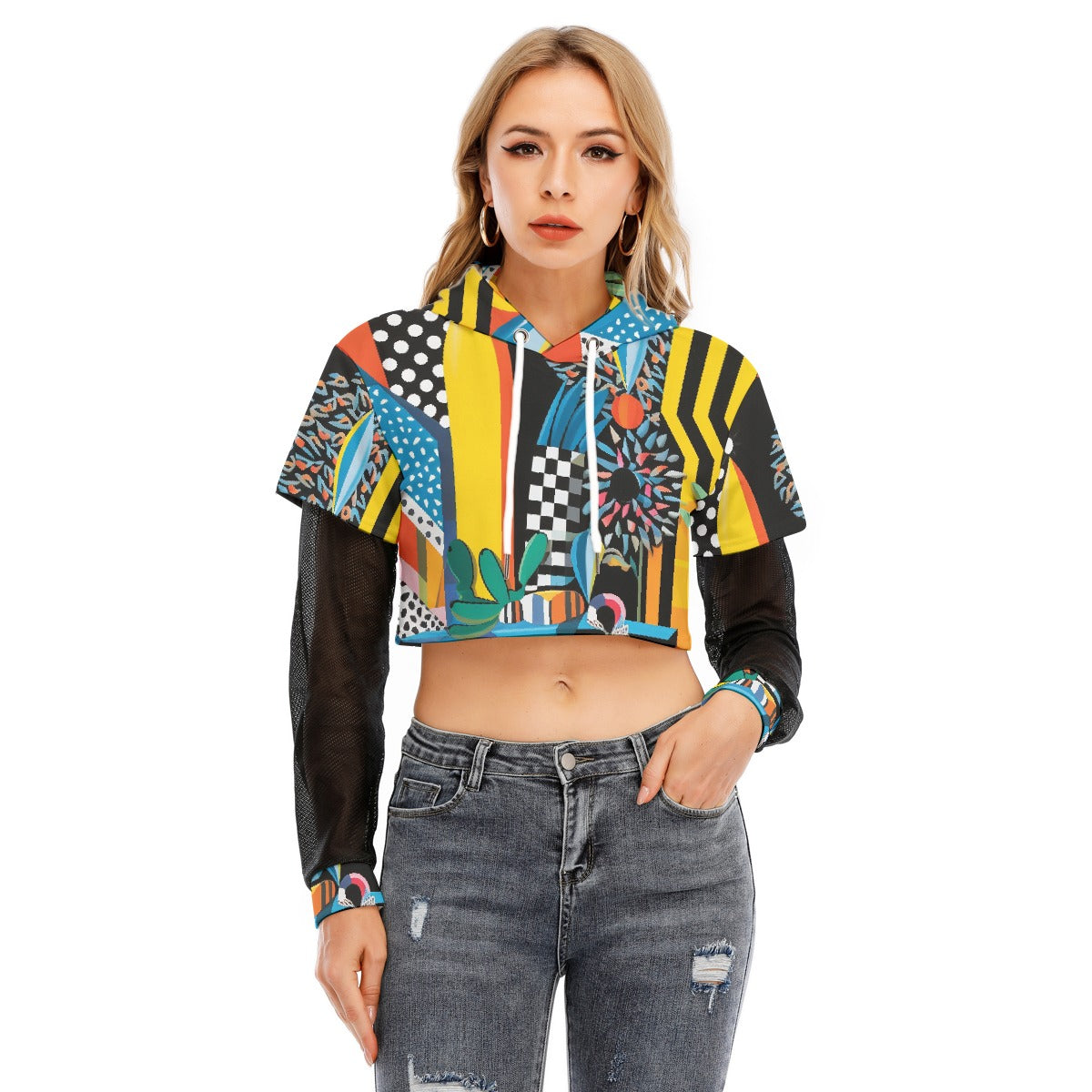 All-Over Print Women's Fake Two-piece Mesh Sleeve Cropped Hoodie