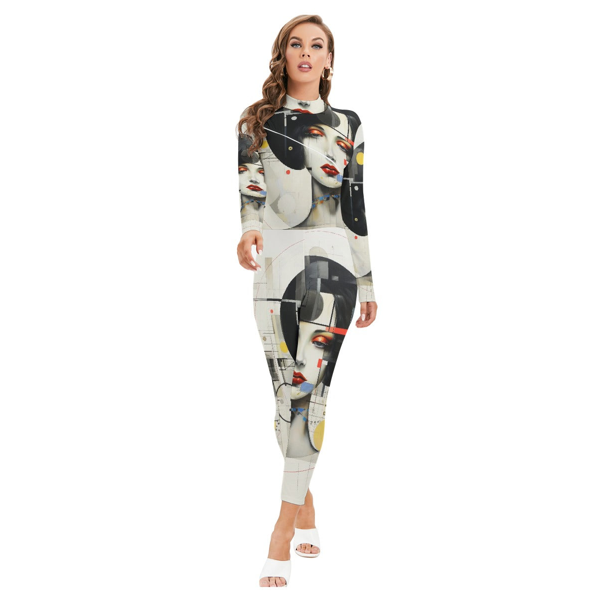 All-Over Print Women's Long-sleeved High-neck Jumpsuit With Zipper
