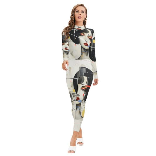 All-Over Print Women's Long-sleeved High-neck Jumpsuit With Zipper