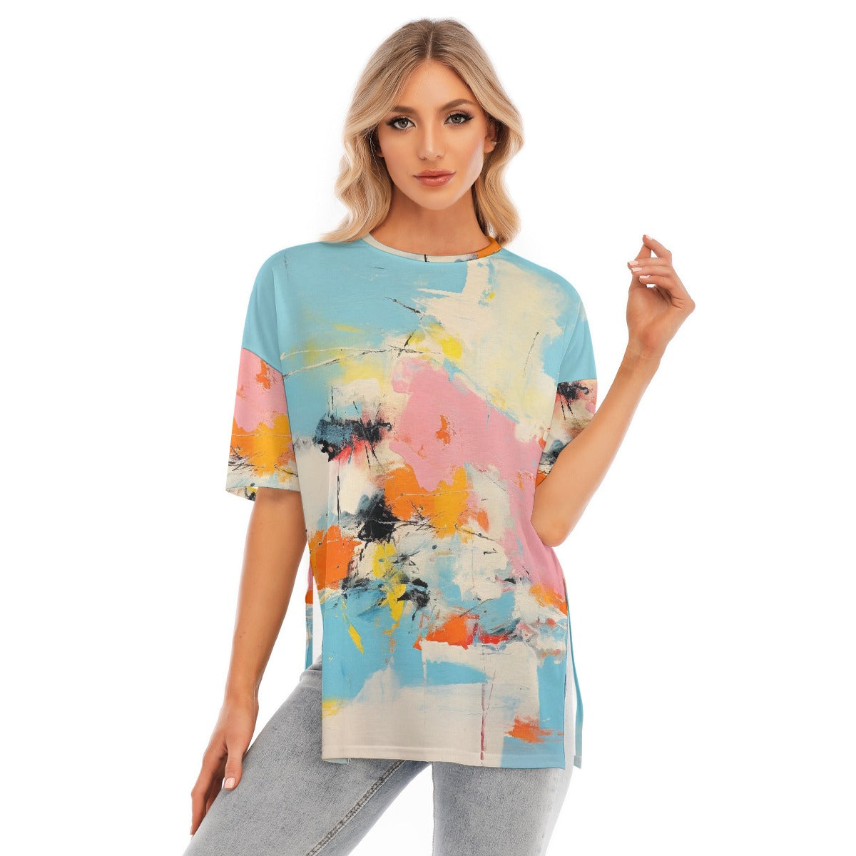 All-Over Print Women's Short Sleeves T-shirt With Hem Split