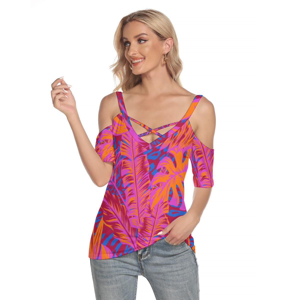 All-Over Print Women's Cold Shoulder T-shirt With Criss Cross Strips