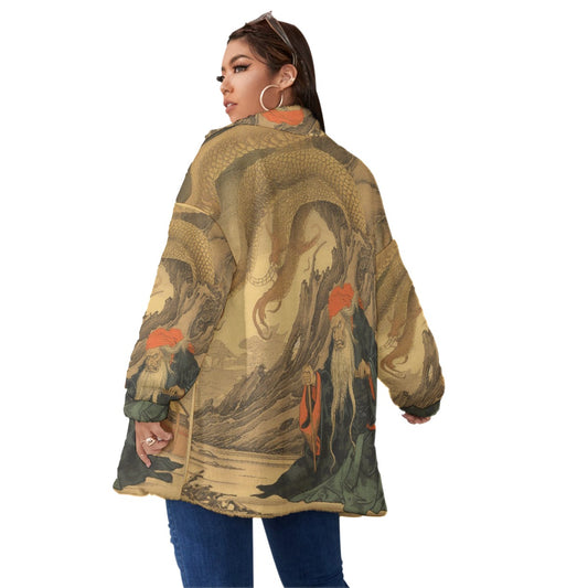 All-Over Print Unisex Borg Fleece Stand-up Collar Coat With Zipper Closure(Plus Size)