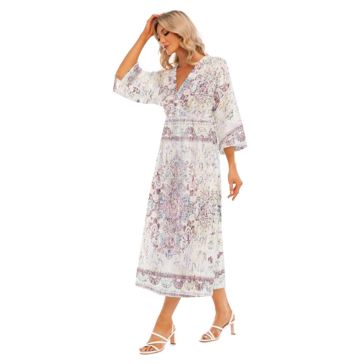 All-Over Print Women's Mid-Sleeve Long Dress