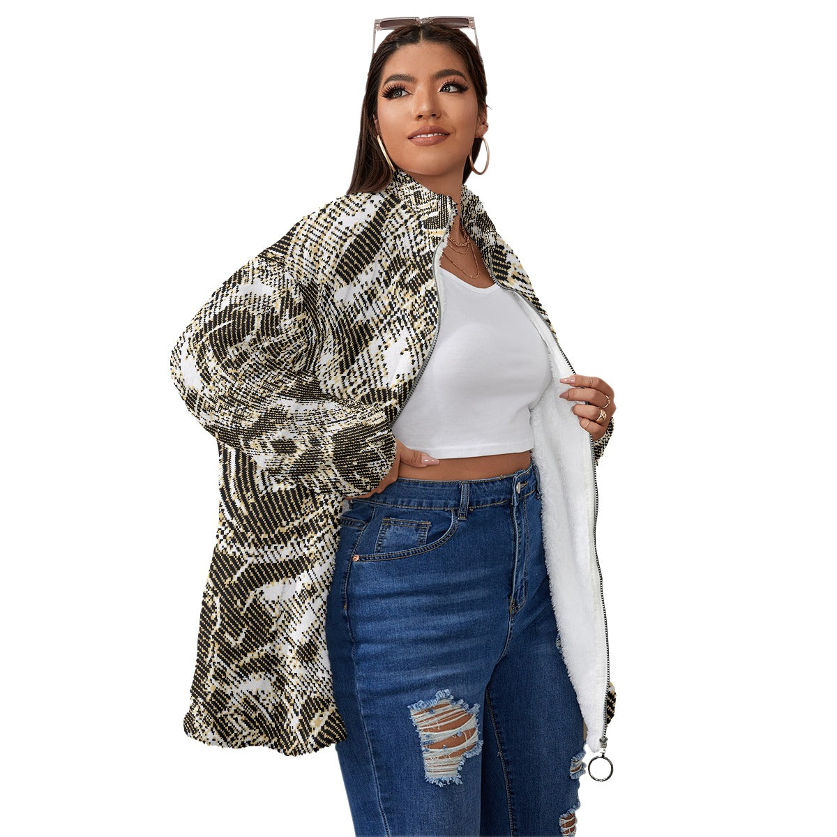 All-Over Print Unisex Borg Fleece Stand-up Collar Coat With Zipper Closure(Plus Size)