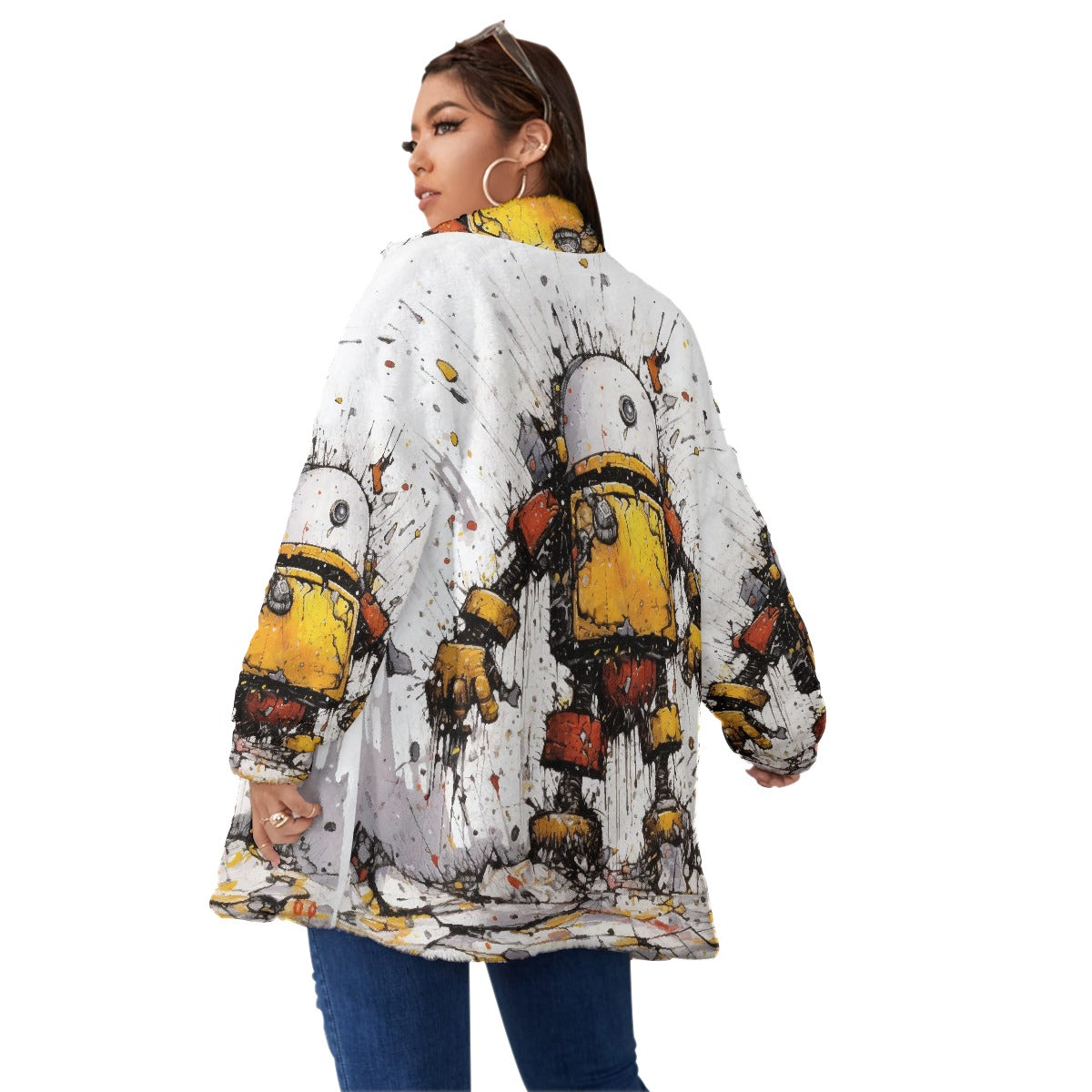 All-Over Print Unisex Borg Fleece Stand-up Collar Coat With Zipper Closure(Plus Size)