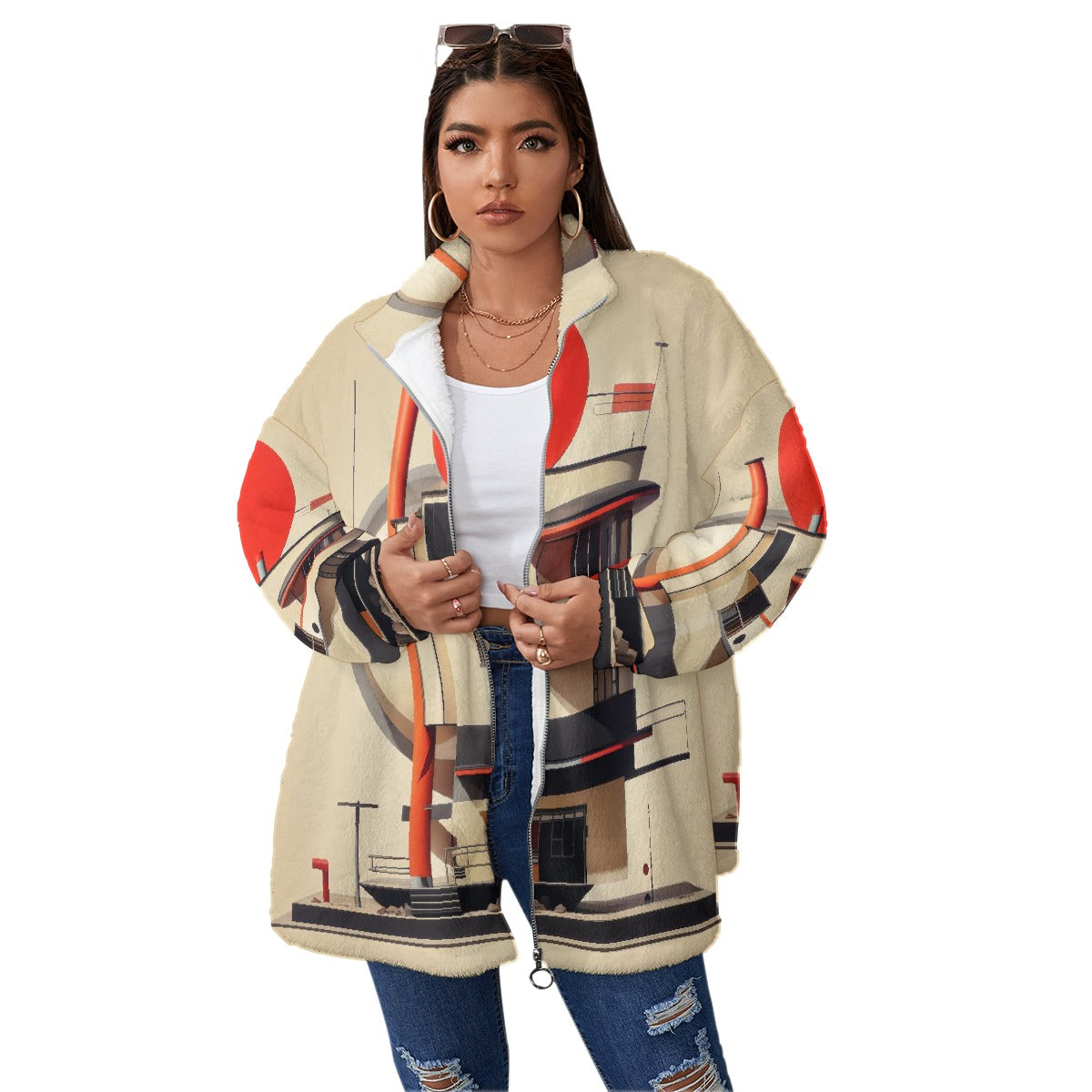 All-Over Print Unisex Borg Fleece Stand-up Collar Coat With Zipper Closure(Plus Size)