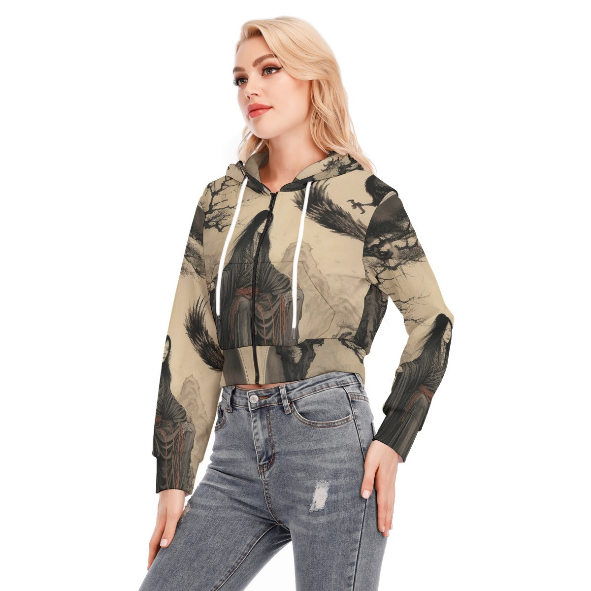 All-Over Print Women's Crop Top Hoodie With Zipper Closure