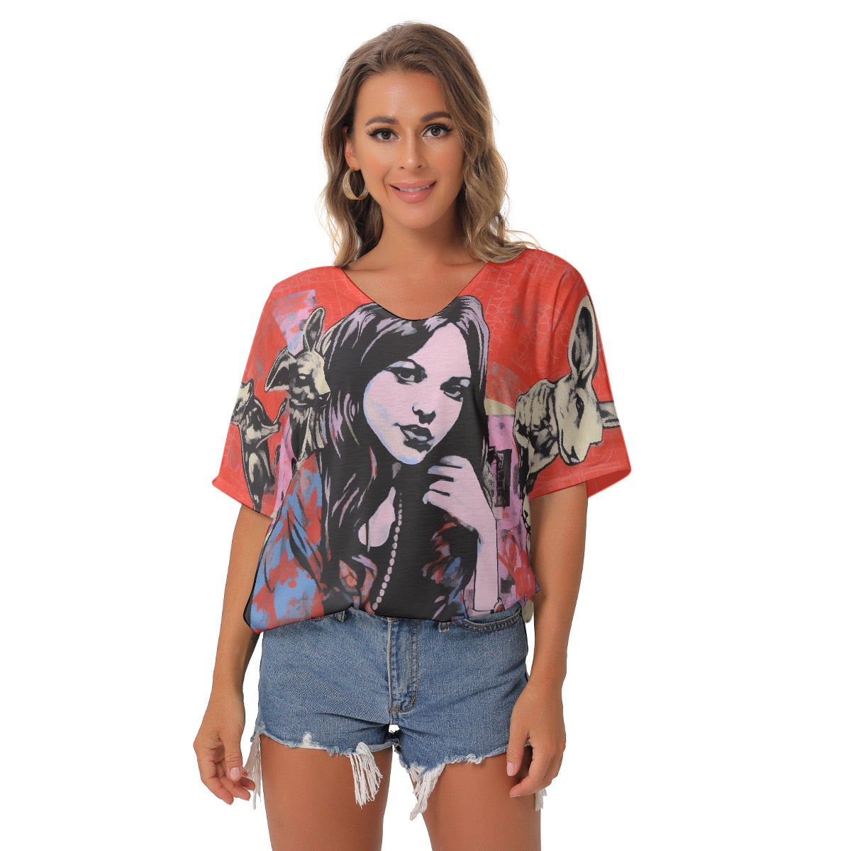 All-Over Print Women's Bat Sleeves V-Neck Blouse