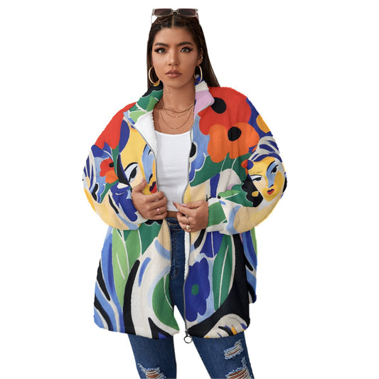 All-Over Print Unisex Borg Fleece Stand-up Collar Coat With Zipper Closure(Plus Size)