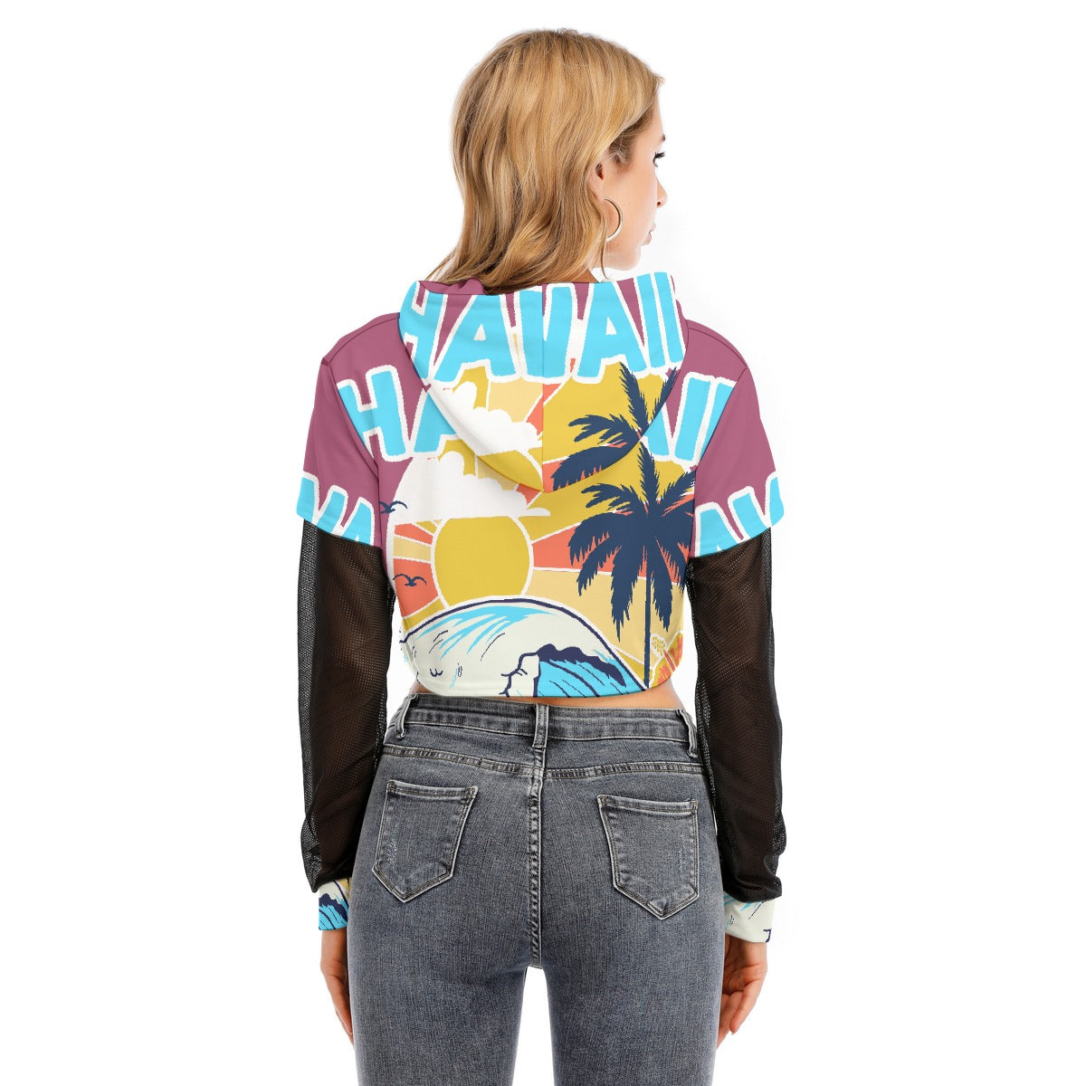 All-Over Print Women's Fake Two-piece Mesh Sleeve Cropped Hoodie